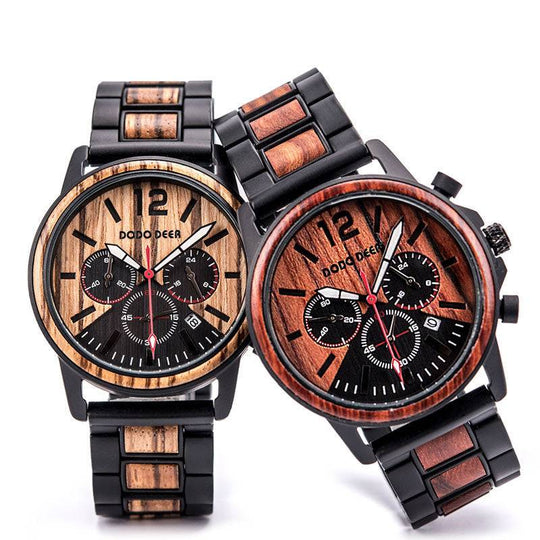 Two wooden watches with black straps on a white background