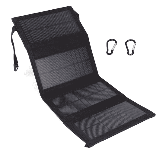 Foldable solar panel with two carabiners for hiking and outdoor use