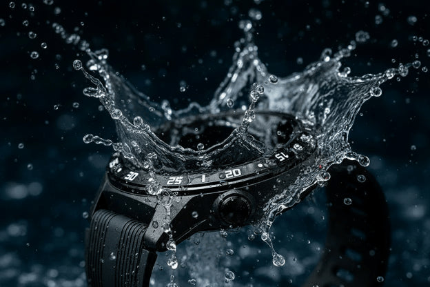 Smartwatch with water splashing around it against a dark background