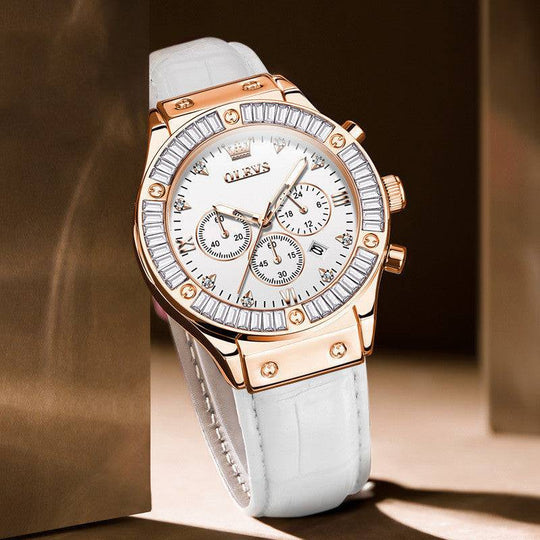 Olevs fashion quartz watch with white leather strap and rose gold case