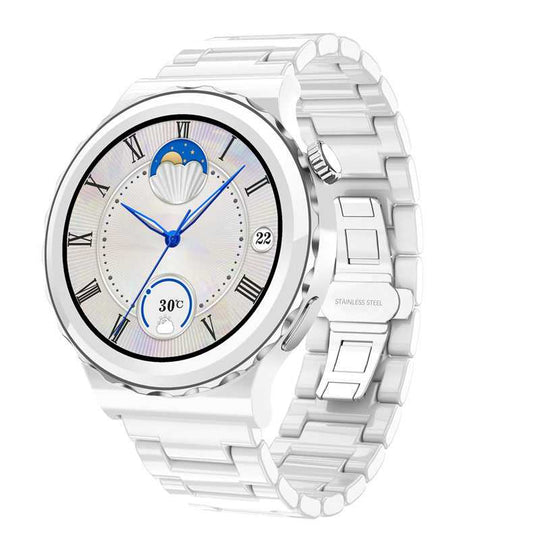 White smartwatch with a detailed face on a white background