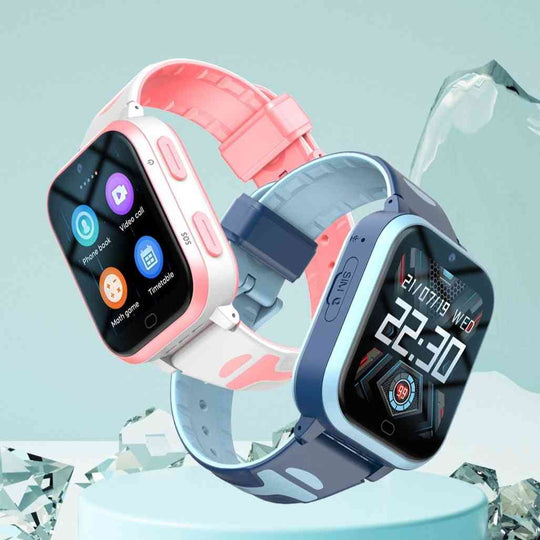 Two smartwatches, one pink and one blue, on a light blue background.